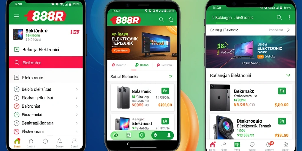 Antarmuka menarik dari aplikasi 888R untuk belanja elektronik.