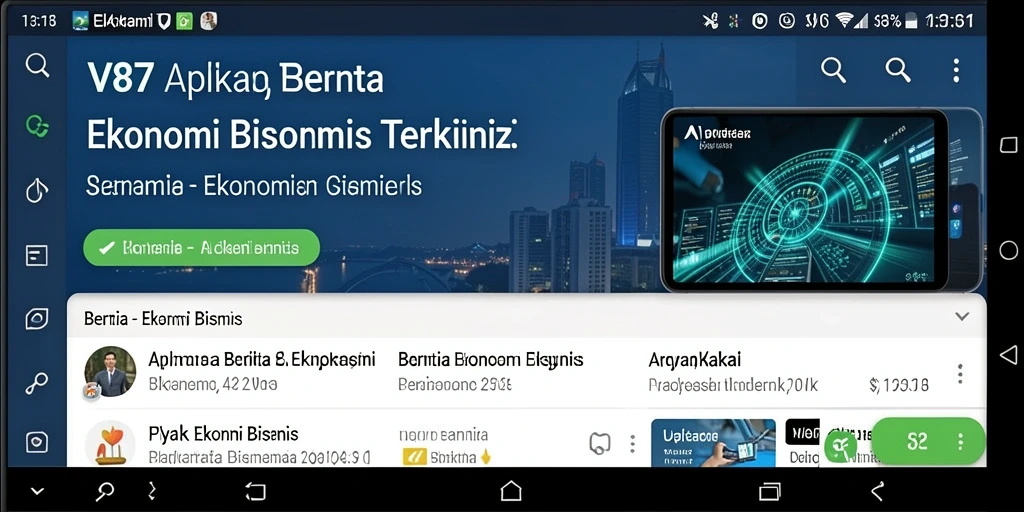 Antarmuka V87 menampilkan berita dan analisis ekonomi bisnis yang interaktif.